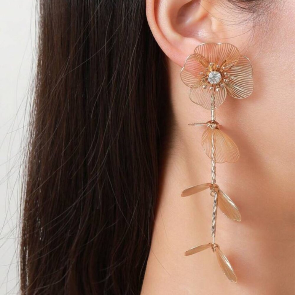 Women's Gold Metal Floral Flower Drop Hanging Dangling Earrings